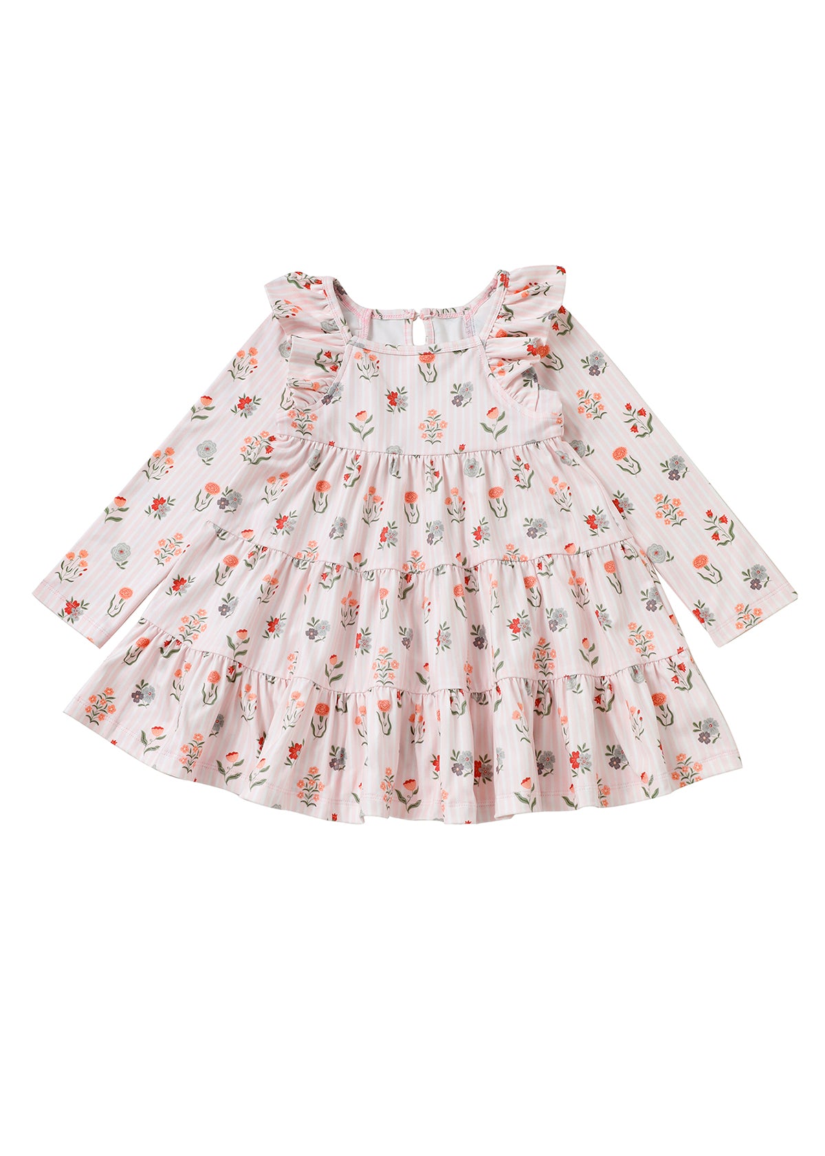 Mabel and Honey Amelia Rose Dress Long Sleeve Floral Tiered Ruffle Trim Dress in pink, featuring charming ruffles, a gathered waist, and a tiered skirt, displayed on a white background.