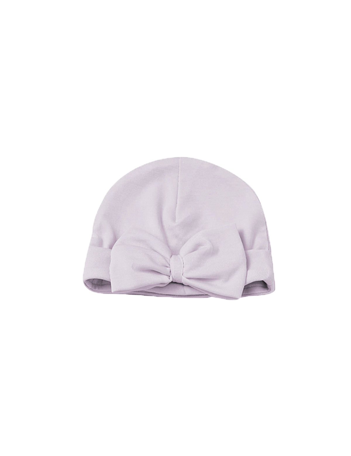 The Mabel and Honey Soft Meadow Solid Knotted Bow Ribbed Trim Hat for baby girls features a light lilac color with a large knotted bow on the front, shown against a white background.