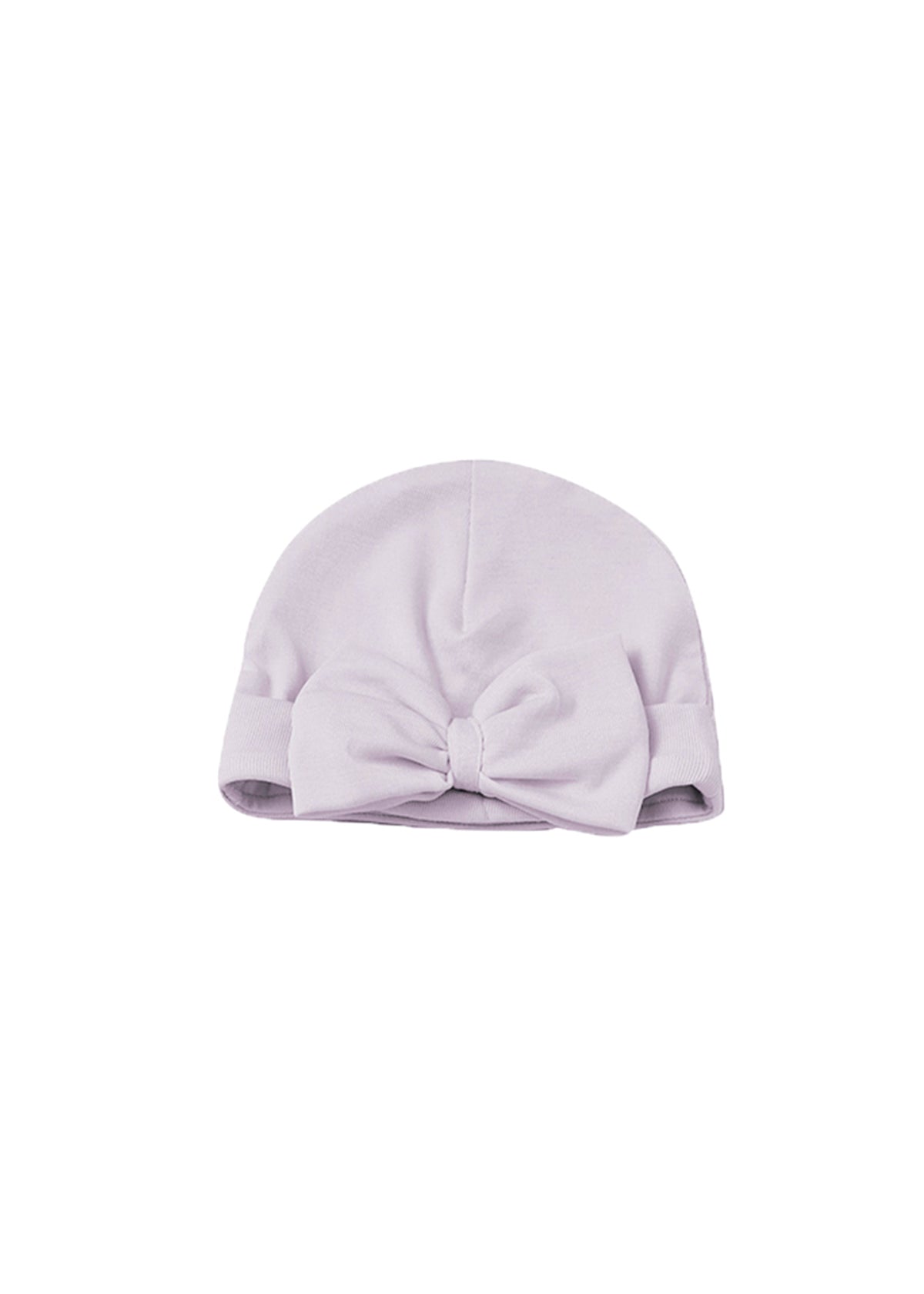 The Mabel and Honey Soft Meadow Solid Knotted Bow Ribbed Trim Hat for baby girls features a light lilac color with a large knotted bow on the front, shown against a white background.