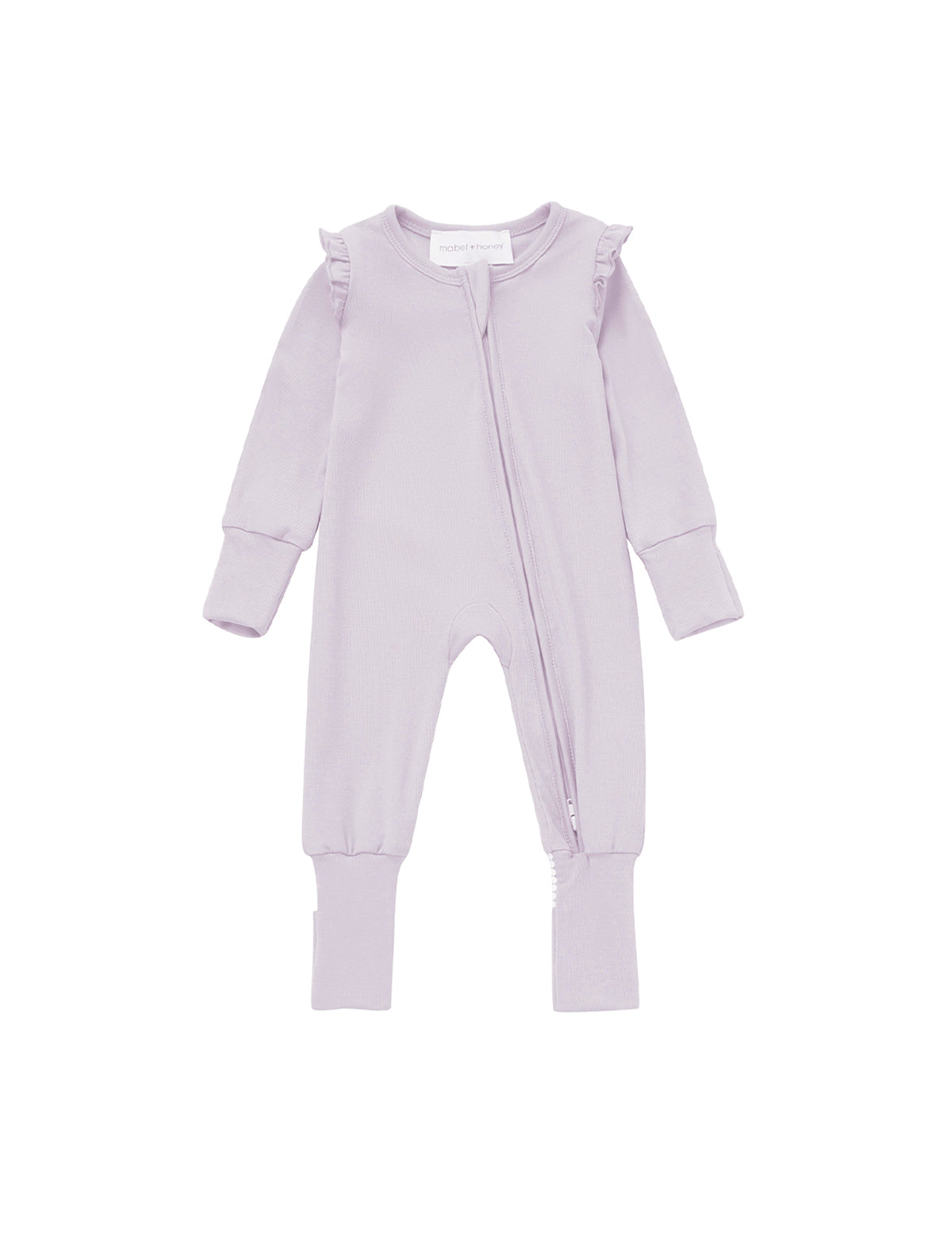 Introducing the Mabel and Honey Soft Meadow Convertible Romper: This long sleeve solid straight leg romper is made from soft tencel knit in a delicate light purple. Thoughtfully designed, it features ruffled shoulders and a convenient two-way diagonal zipper from neck to left leg for easy changes. The convertible style is finished with ribbed cuffs on both sleeves and legs to ensure a comfortable fit for your little one.