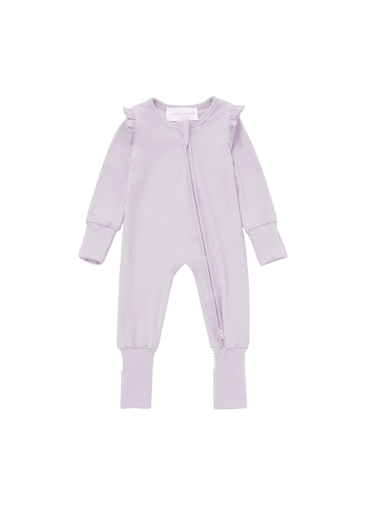 Discover cozy sleepwear with the Mabel + Honey Soft Meadow Convertible Romper: a lavender baby onesie made from soft Tencel knit, designed with long sleeves, front zipper, ruffled shoulders, and ribbed cuffs at the sleeves and ankles. This solid straight leg essential effortlessly transitions from sleepwear to a convertible romper for baby girls.