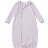 The Soft Meadow Newborn Gowns Long Sleeve Solid Ruffle Trim Gown by Mabel + Honey features a lovely lilac color, long sleeves, and a charming ruffled trim that runs diagonally from the neckline—making it a perfect coming home outfit for your newborn. Its gathered elastic bottom keeps your baby cozy and comfortable.