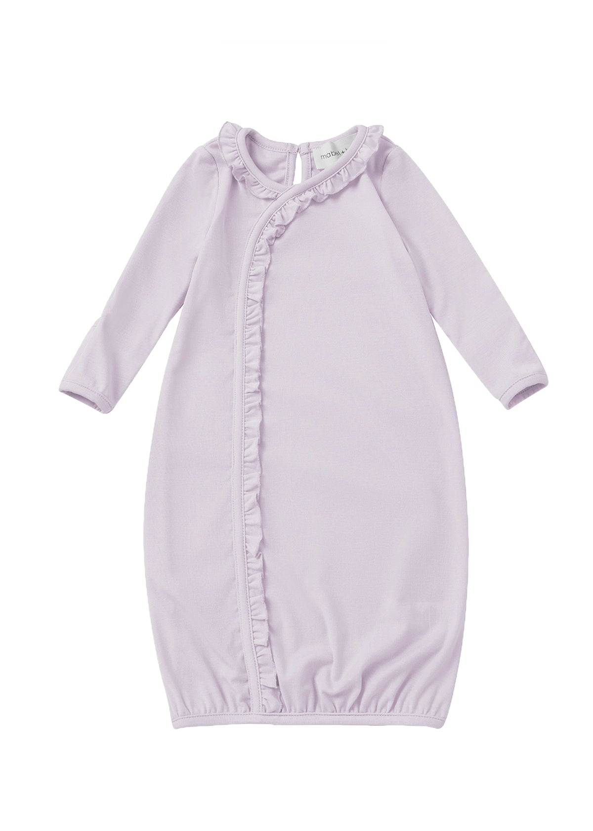 The Soft Meadow Newborn Gowns Long Sleeve Solid Ruffle Trim Gown by Mabel + Honey features a lovely lilac color, long sleeves, and a charming ruffled trim that runs diagonally from the neckline—making it a perfect coming home outfit for your newborn. Its gathered elastic bottom keeps your baby cozy and comfortable.