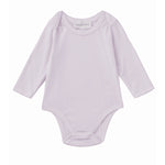 The Soft Meadow Long Sleeve Solid Scalloped Trim Bodysuit by Mabel and Honey is a light purple baby onesie made from a soft cotton blend, featuring long sleeves, scalloped trim, and convenient snap closures at the bottom. It is displayed on a white background.
