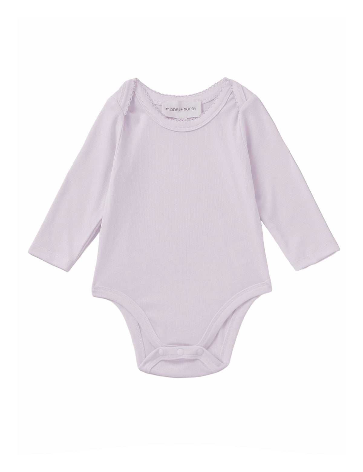 The Soft Meadow Long Sleeve Solid Scalloped Trim Bodysuit by Mabel and Honey is a light purple baby onesie made from a soft cotton blend, featuring long sleeves, scalloped trim, and convenient snap closures at the bottom. It is displayed on a white background.