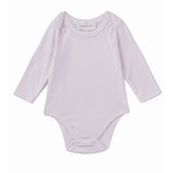 The Soft Meadow Long Sleeve Solid Scalloped Trim Bodysuit by Mabel and Honey is a light purple baby onesie made from a soft cotton blend, featuring long sleeves, scalloped trim, and convenient snap closures at the bottom. It is displayed on a white background.