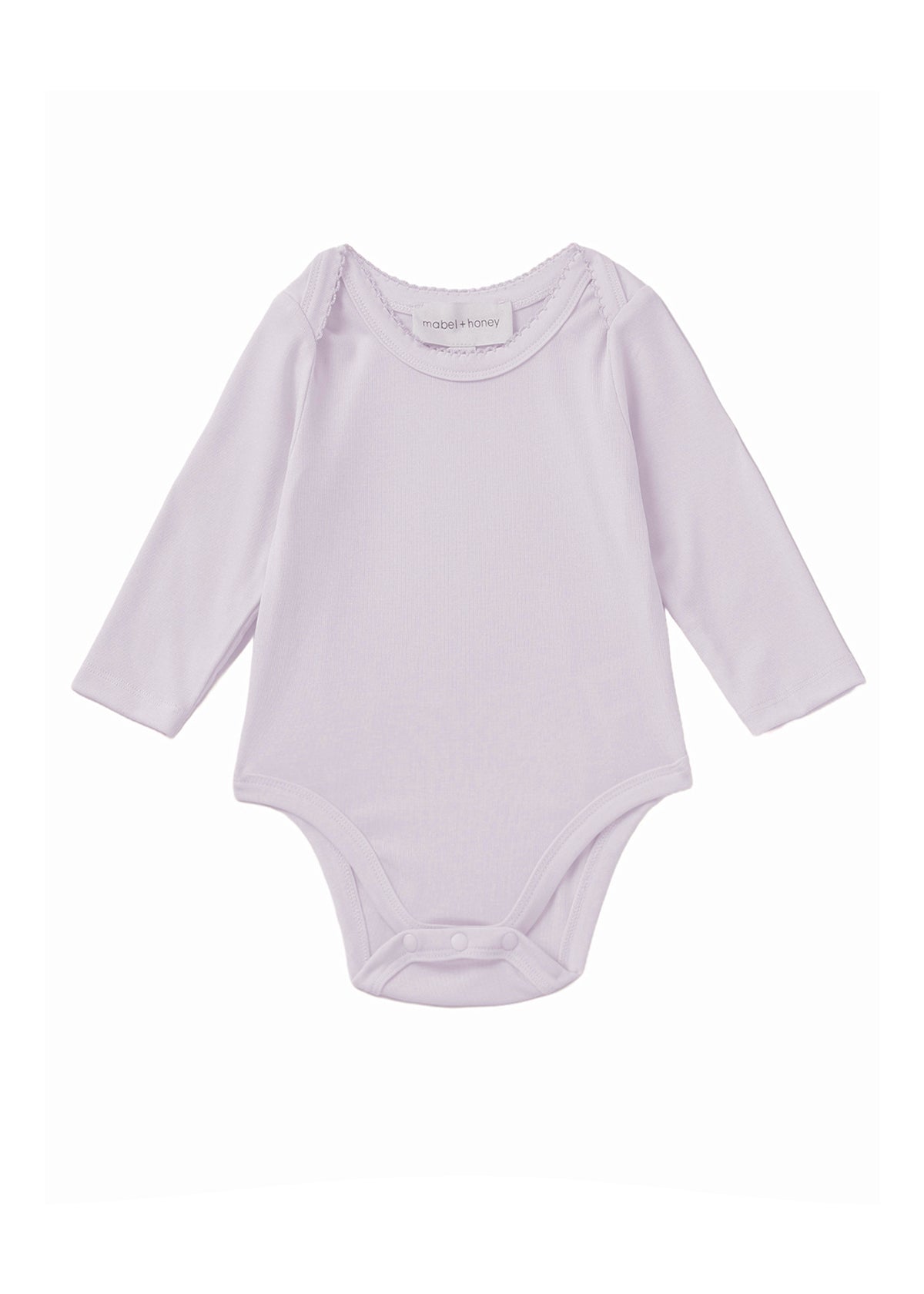 The Soft Meadow Long Sleeve Solid Scalloped Trim Bodysuit by Mabel and Honey is a light purple baby onesie made from a soft cotton blend, featuring long sleeves, scalloped trim, and convenient snap closures at the bottom. It is displayed on a white background.