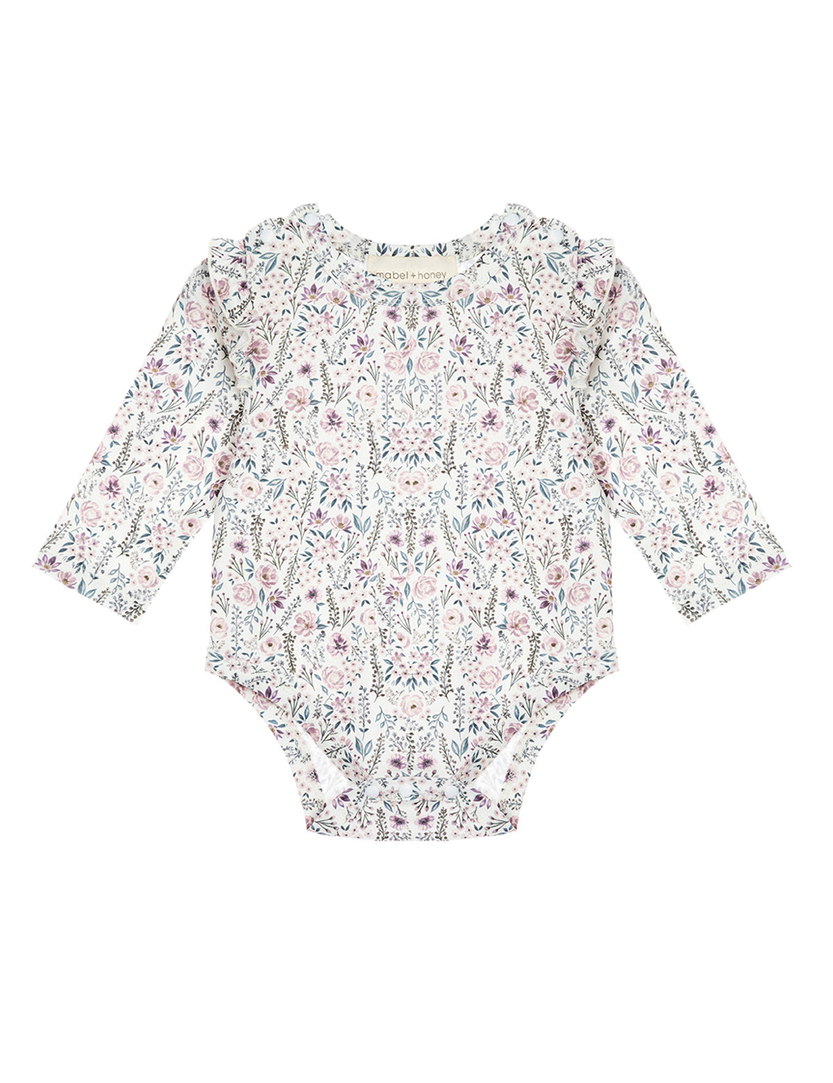 The Mabel and Honey Soft Meadow Long Sleeve Floral Ruffle Trim Bodysuit features a pastel floral pattern and ruffled shoulders, crafted from soft jersey knit and displayed flat against a white background.