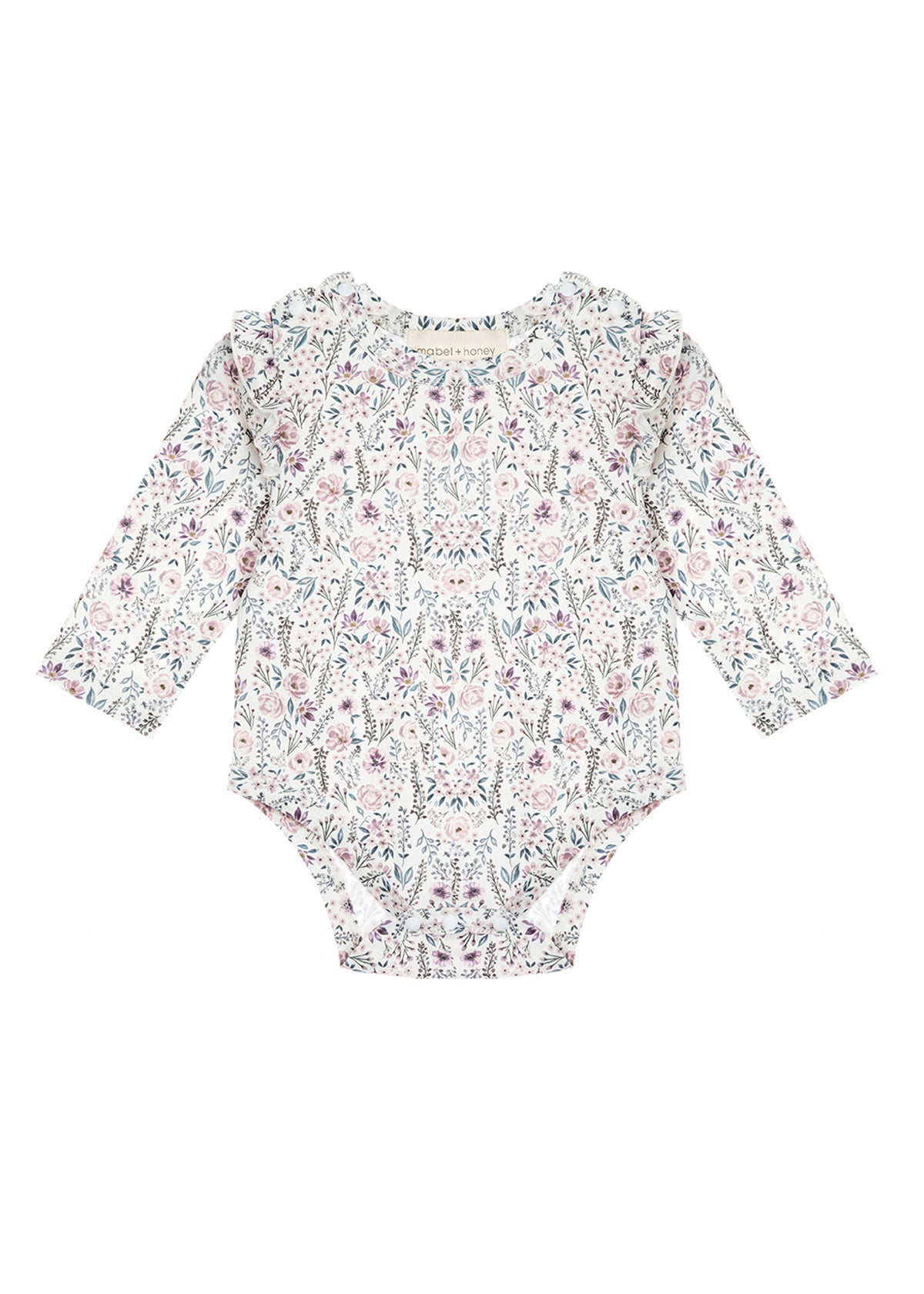 The Mabel and Honey Soft Meadow Long Sleeve Floral Ruffle Trim Bodysuit features a pastel floral pattern and ruffled shoulders, crafted from soft jersey knit and displayed flat against a white background.