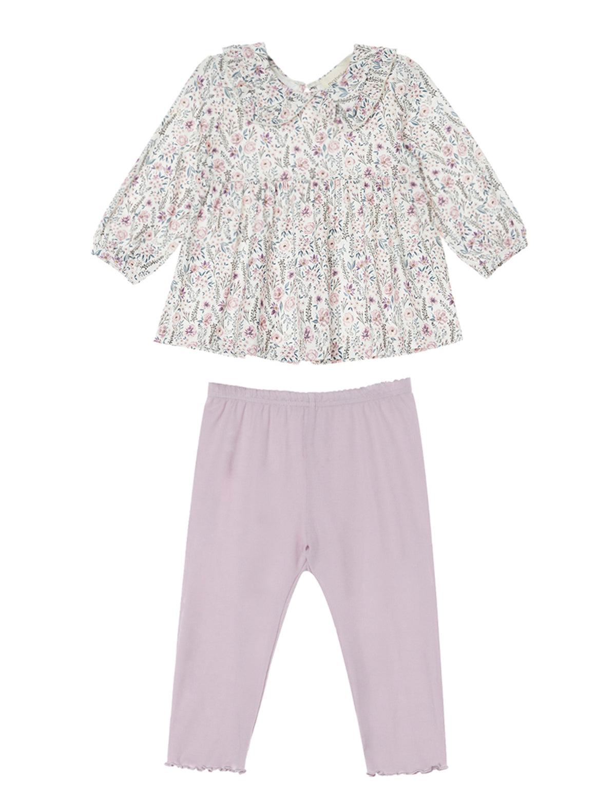 The Mabel and Honey Soft Meadow Long Sleeve Floral Peter Pan Collar Top and Legging Set features a charming floral top with a ruffled Peter Pan collar and light purple leggings, both crafted from soft stretch cotton knit and displayed on a white background—an adorable outfit for little ones.