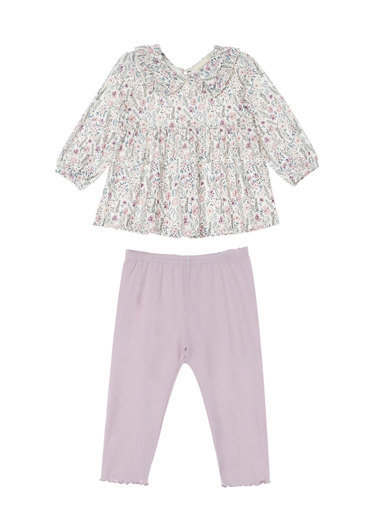 The Soft Meadow Two Piece Set by Mabel and Honey features a long-sleeve floral top with a ruffle-trimmed Peter Pan collar and coordinating purple leggings, all crafted from soft knit fabric and laid flat on a white background.