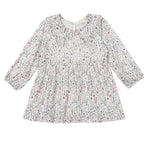 The Mabel and Honey Soft Meadow Dress Long Sleeve Floral Empire Waist Dress for babies features a charming pink, purple, and green floral print, a gathered empire waist, and a round neckline with back button closure—making it the perfect girls’ fall dress.