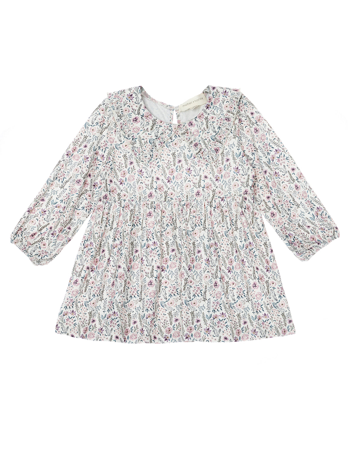 The Mabel and Honey Soft Meadow Long Sleeve Floral Ruffle Collar Empire Waist Dress features bishop sleeves, a gathered empire waist, a ruffled collar, and a delicate pattern of small purple, pink, and green flowers on a white background.