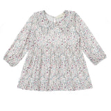 The Mabel and Honey Soft Meadow Dress Long Sleeve Floral Empire Waist Dress for babies features a charming pink, purple, and green floral print, a gathered empire waist, and a round neckline with back button closure—making it the perfect girls’ fall dress.