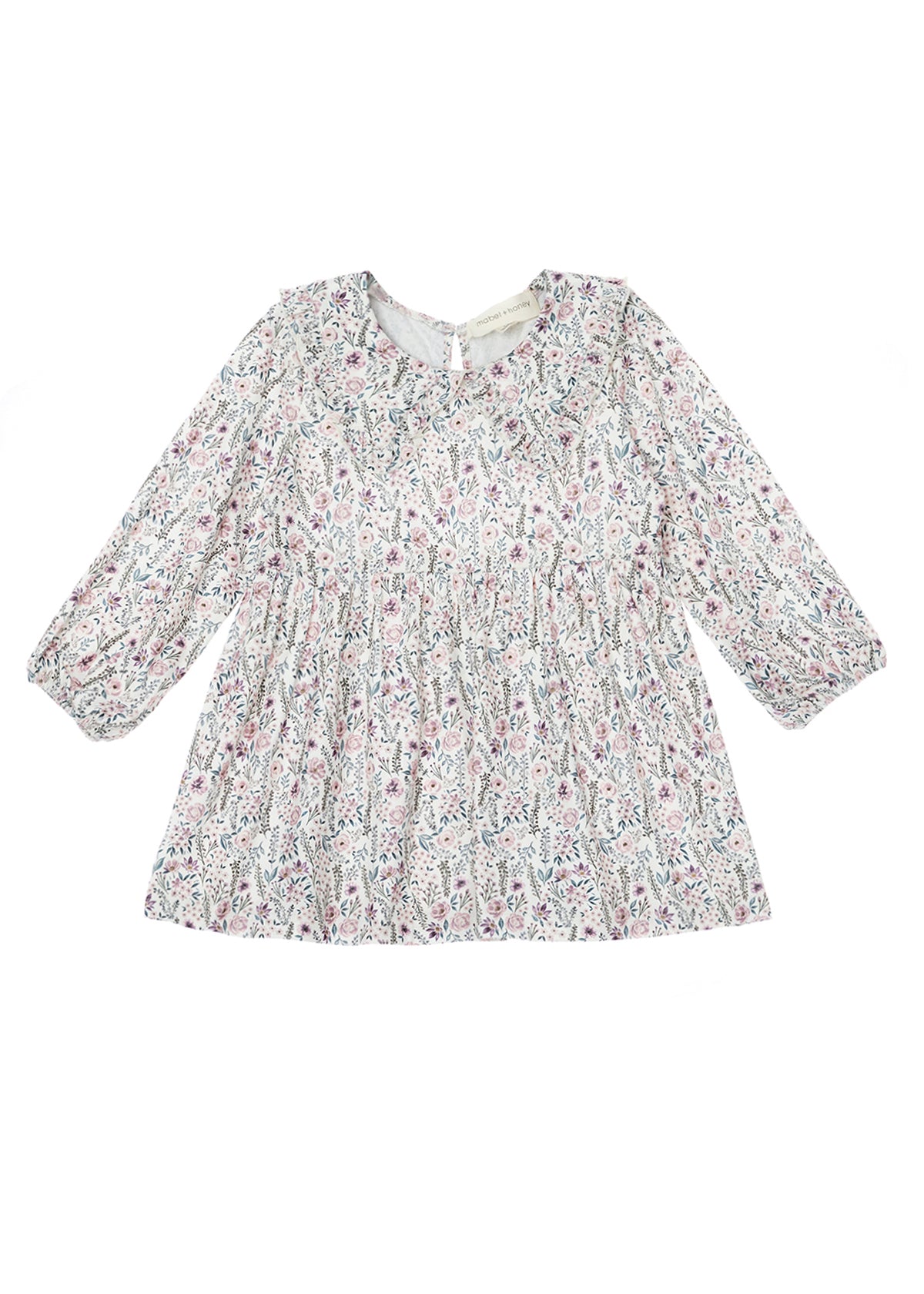 The Mabel and Honey Soft Meadow Dress Long Sleeve Floral Empire Waist Dress for babies features a charming pink, purple, and green floral print, a gathered empire waist, and a round neckline with back button closure—making it the perfect girls’ fall dress.