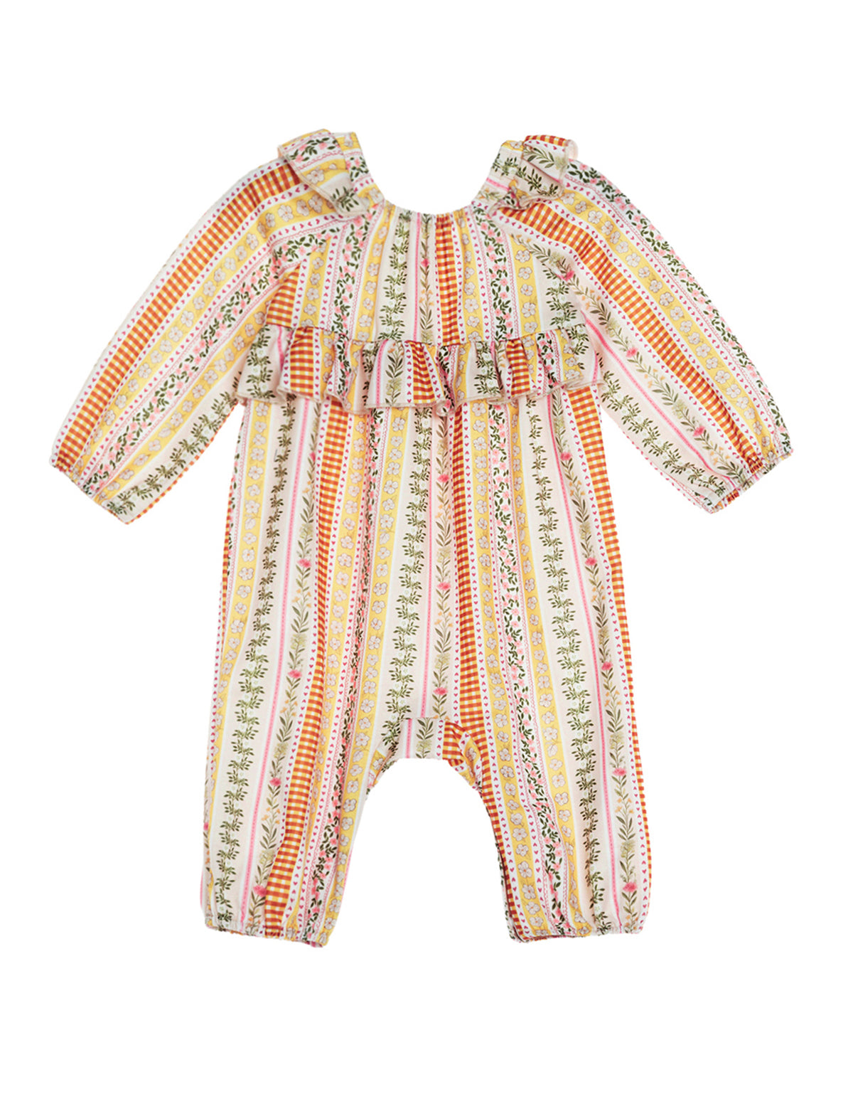 The Buttercup Blossom Long Sleeve Striped Floral Ruffle Collar Bubble Romper by Mabel and Honey features long sleeves, ruffled shoulders, and a charming ruffle collar. Crafted from soft cotton, this playful bubble romper is adorned with colorful vertical stripes and vibrant floral patterns in shades of pink, orange, yellow, and green.