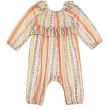 The Buttercup Blossom Long Sleeve Striped Floral Ruffle Collar Bubble Romper by Mabel and Honey features long sleeves, ruffled shoulders, and a charming ruffle collar. Crafted from soft cotton, this playful bubble romper is adorned with colorful vertical stripes and vibrant floral patterns in shades of pink, orange, yellow, and green.