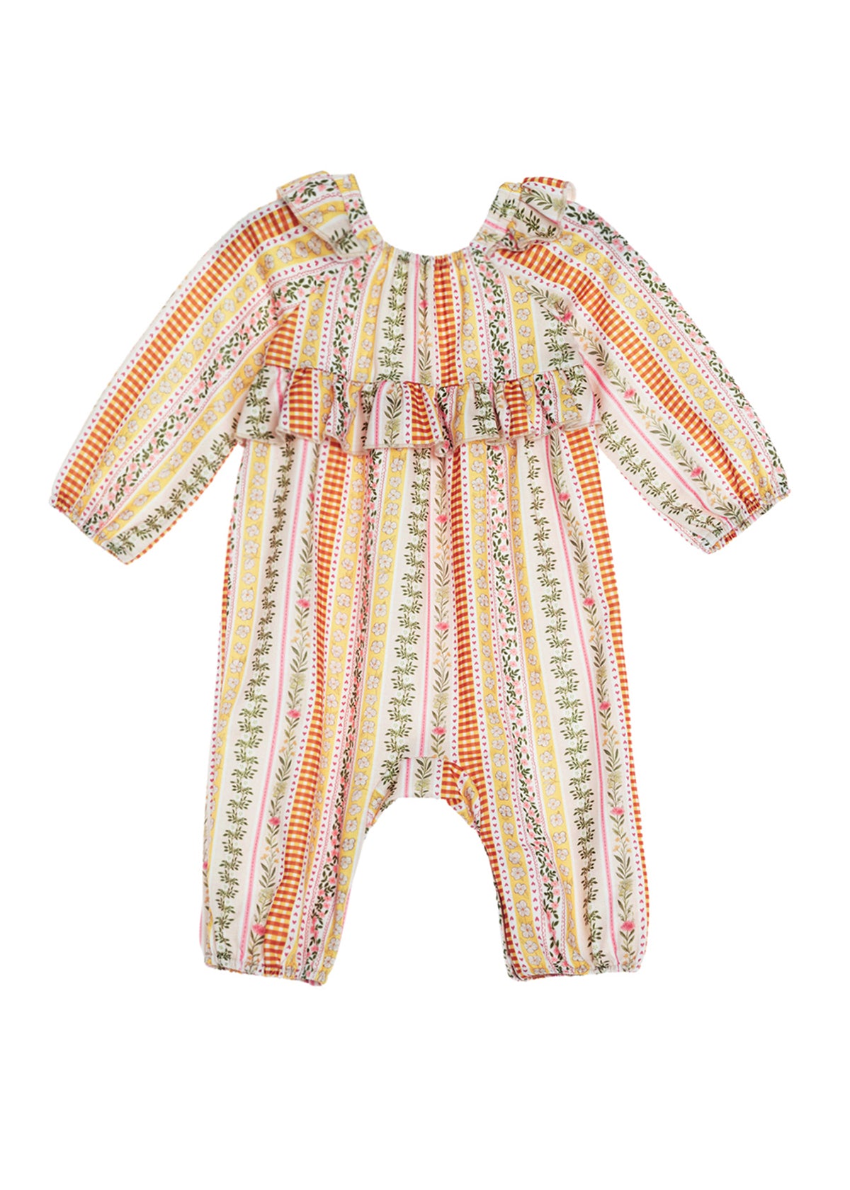 The Buttercup Blossom Long Sleeve Striped Floral Ruffle Collar Bubble Romper by Mabel and Honey features long sleeves, ruffled shoulders, and a charming ruffle collar. Crafted from soft cotton, this playful bubble romper is adorned with colorful vertical stripes and vibrant floral patterns in shades of pink, orange, yellow, and green.