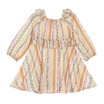 The Mabel and Honey Buttercup Blossom Dress Long Sleeve Striped Ruffle Trim A Line Dress features a colorful mix of pink, yellow, green, and orange vertical floral and geometric stripes, accented with ruffle details and a square neckline—the perfect girls’ fall dress for any occasion.