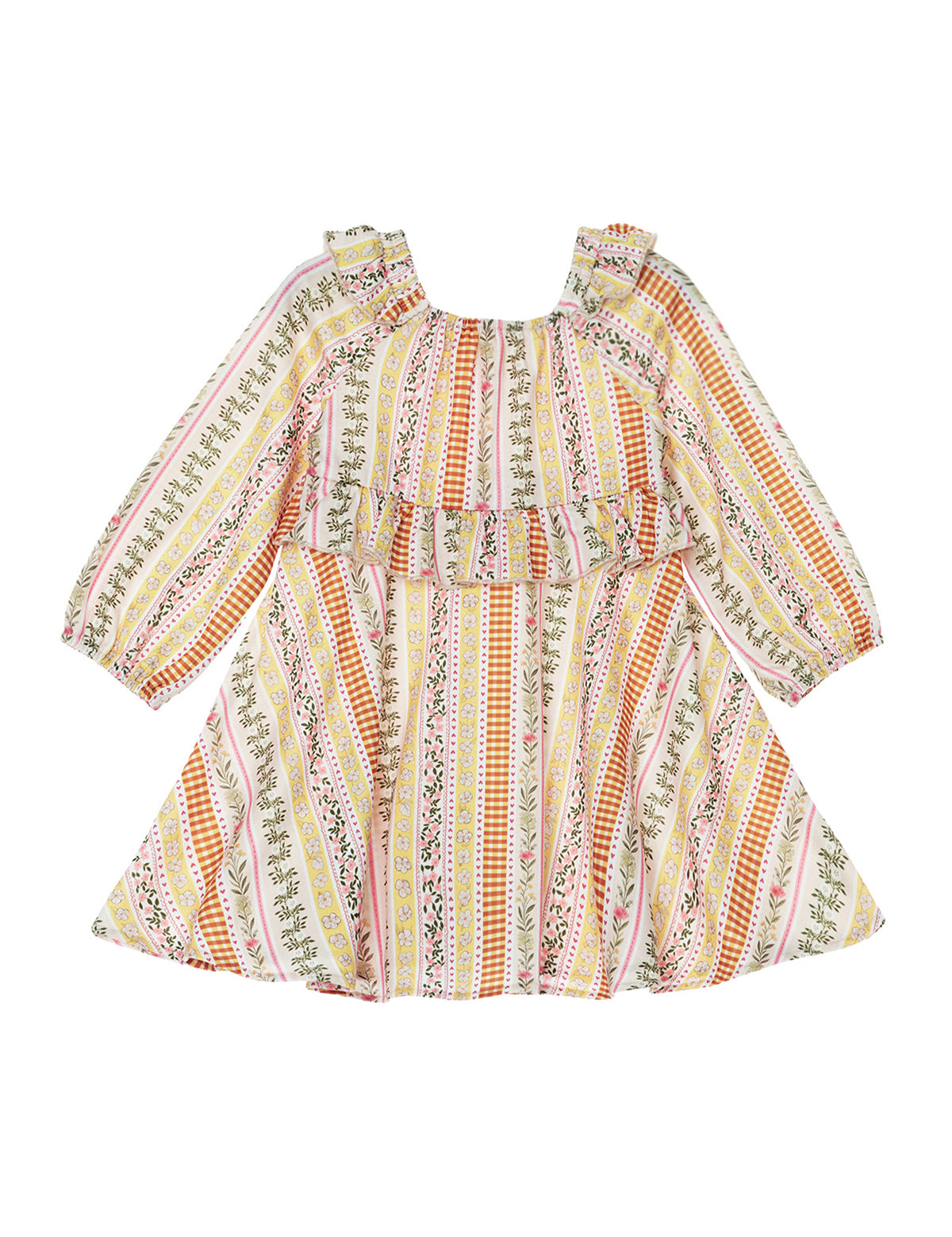 The Mabel and Honey Buttercup Blossom Dress Long Sleeve Striped Ruffle Trim A Line Dress features a colorful mix of pink, yellow, green, and orange vertical floral and geometric stripes, accented with ruffle details and a square neckline—the perfect girls’ fall dress for any occasion.