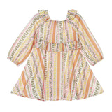 The Mabel and Honey Buttercup Blossom Dress Long Sleeve Striped Ruffle Trim A Line Dress features a colorful mix of pink, yellow, green, and orange vertical floral and geometric stripes, accented with ruffle details and a square neckline—the perfect girls’ fall dress for any occasion.