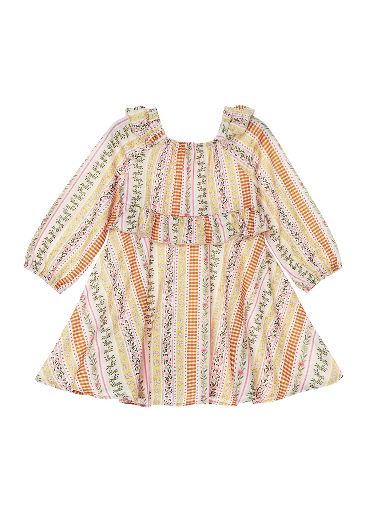 The Mabel and Honey Buttercup Blossom Dress Long Sleeve Striped Ruffle Trim A Line Dress features a colorful mix of pink, yellow, green, and orange vertical floral and geometric stripes, accented with ruffle details and a square neckline—the perfect girls’ fall dress for any occasion.