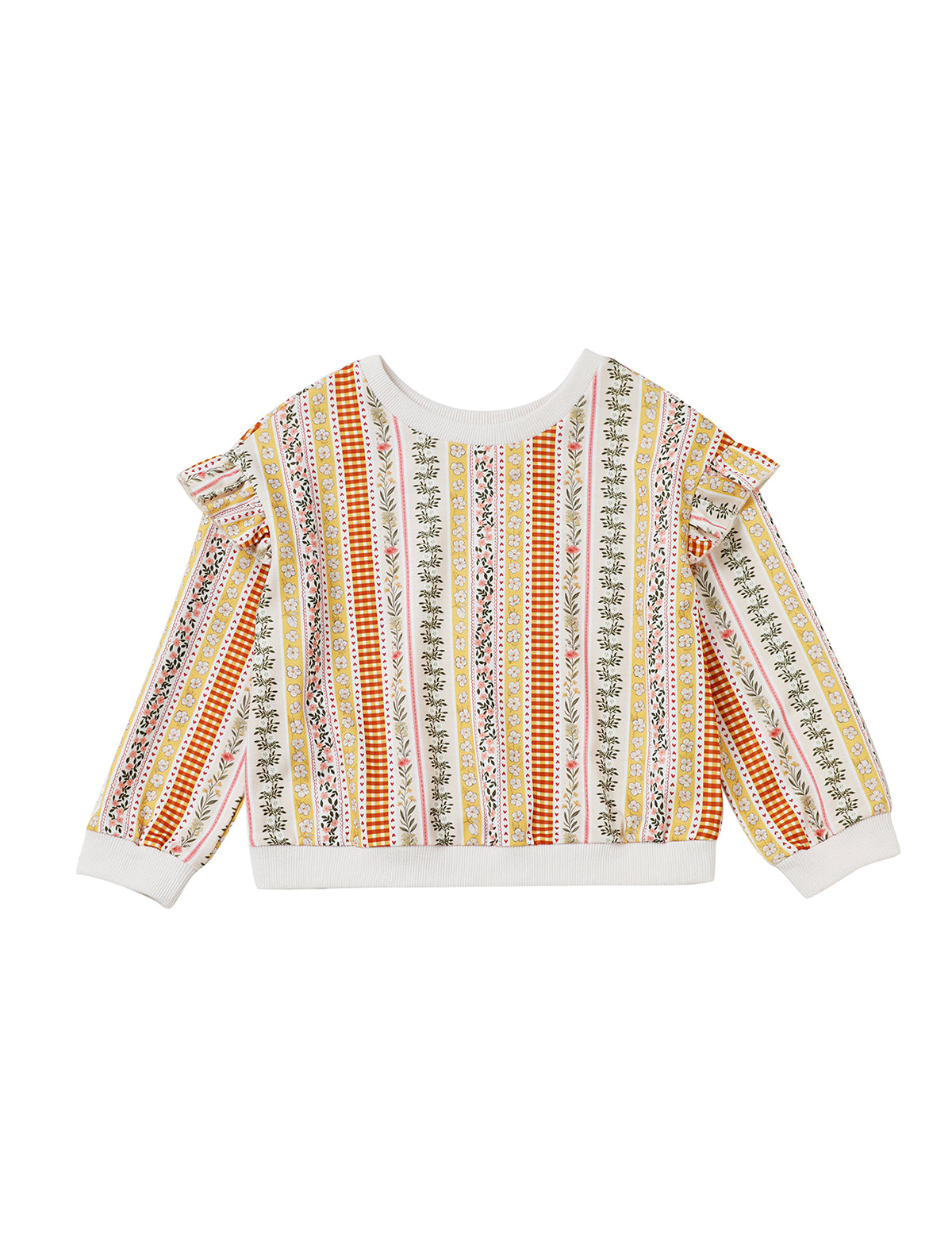 The Buttercup Blossom Long Sleeve Striped Ruffle Shoulder Sweater by Mabel and Honey is a children’s shirt made from a soft cotton blend, featuring a white base with vertical multicolored floral and geometric stripes. It includes charming ruffled accents on the shoulders and crisp white cuffs for added detail.
