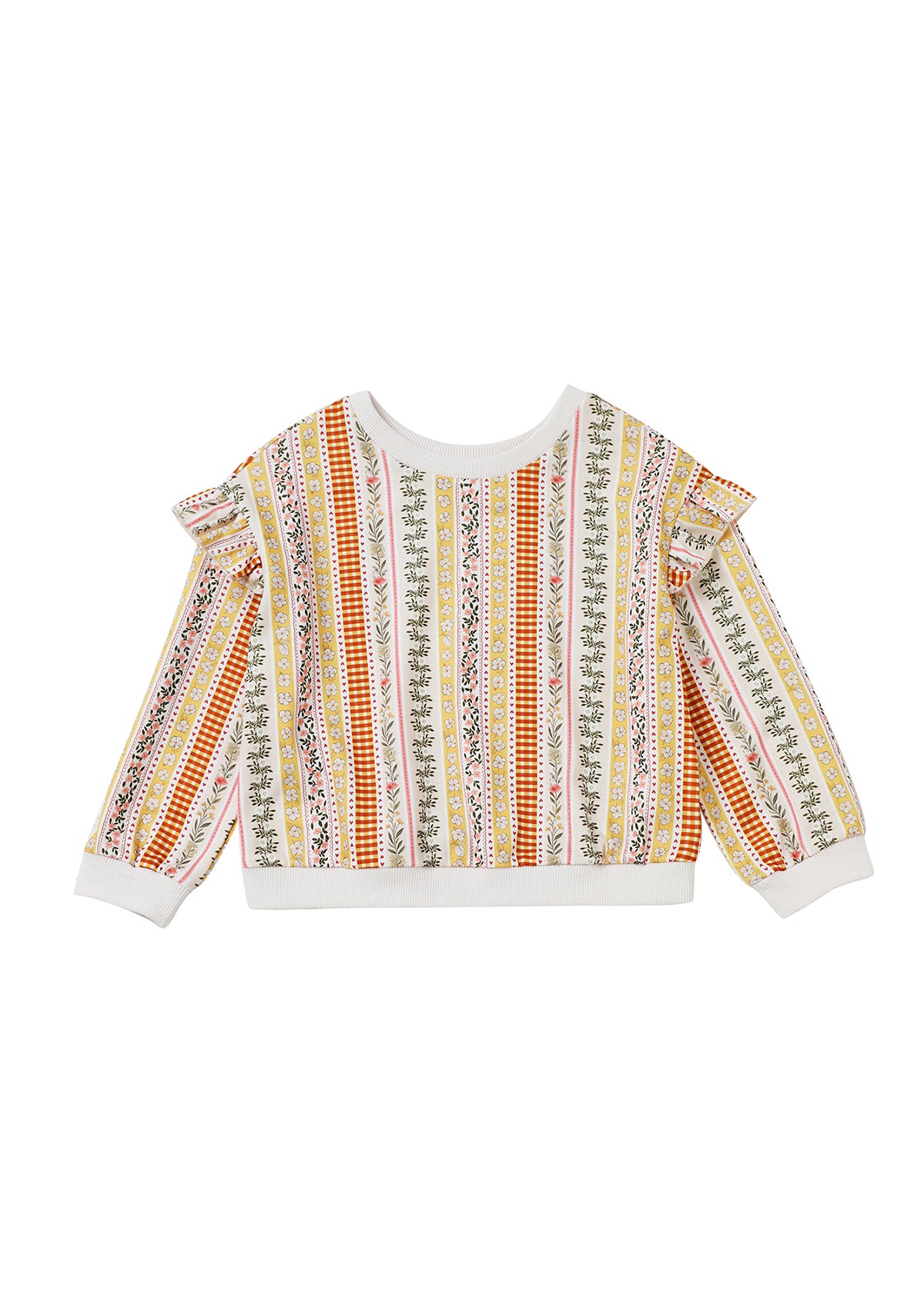 The Mabel and Honey Buttercup Blossom Sweater is a colorful long-sleeve pullover featuring vertical floral and geometric stripes in orange, green, red, and white. This vintage-inspired sweater is designed with charming ruffle details on the shoulders and finished with crisp white cuffs at the sleeves and hem.