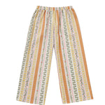 Experience the playful spirit of the Mabel and Honey Buttercup Blossom Sweatpants Wide Leg Striped Floral Elastic Waist Pants, featuring a wide-leg silhouette in soft cotton, an elastic waistband for comfort, and vibrant vertical stripes with floral and geometric patterns in cheerful shades of yellow, orange, green, pink, and white.