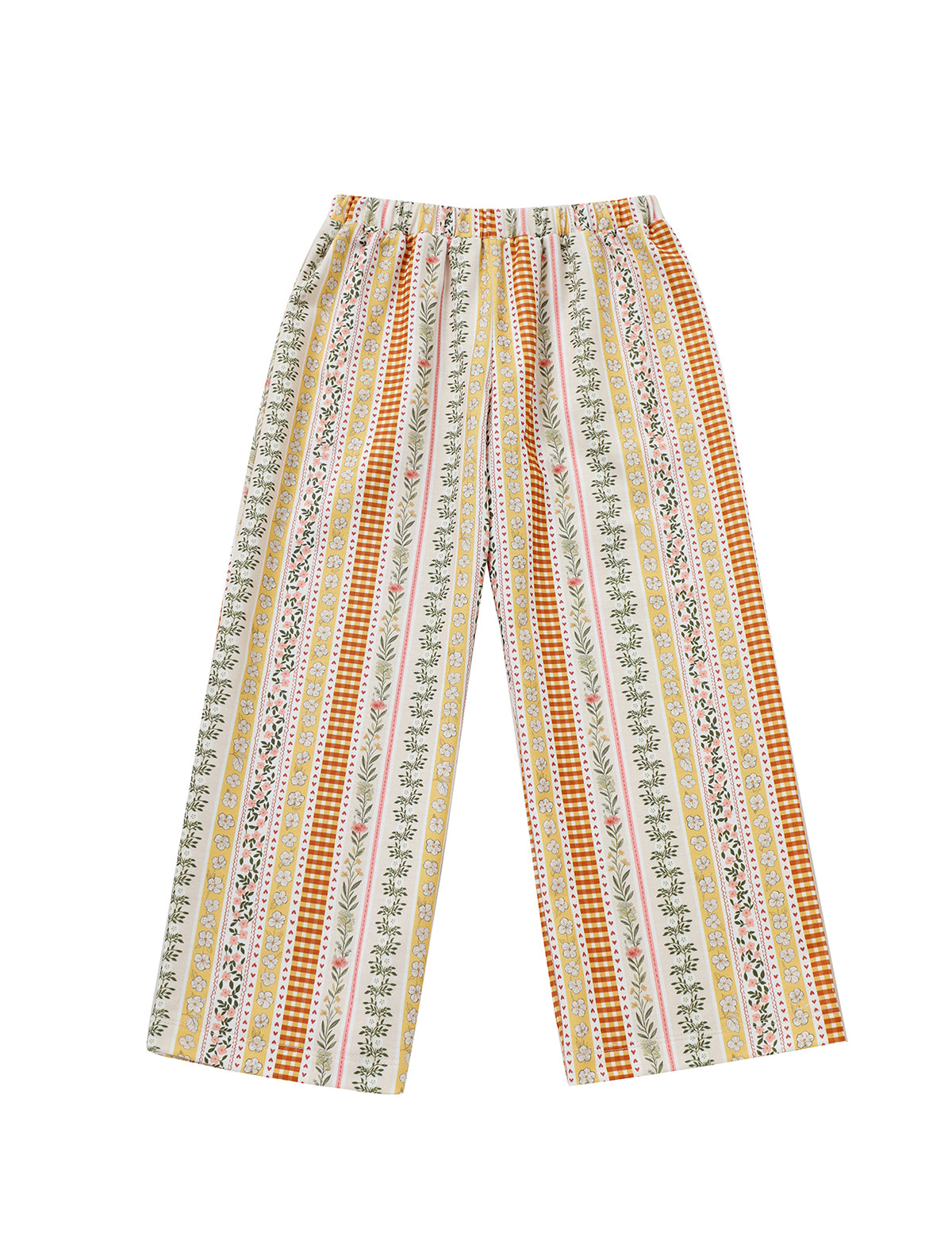 The Buttercup Blossom Striped Elastic Waist Wide Leg Pants by Mabel and Honey are crafted from a soft cotton blend, featuring an elastic waistband and a vibrant striped floral print in yellow, orange, green, and white with various floral and geometric patterns.