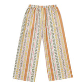 Experience the playful spirit of the Mabel and Honey Buttercup Blossom Sweatpants Wide Leg Striped Floral Elastic Waist Pants, featuring a wide-leg silhouette in soft cotton, an elastic waistband for comfort, and vibrant vertical stripes with floral and geometric patterns in cheerful shades of yellow, orange, green, pink, and white.