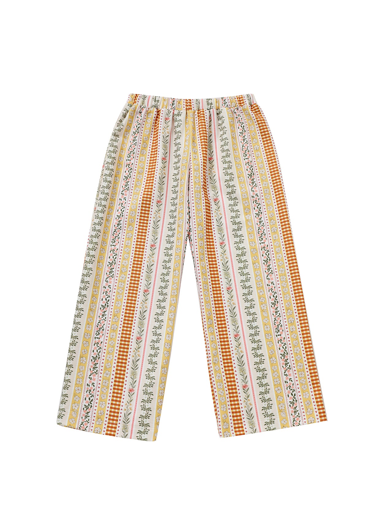 Experience the playful spirit of the Mabel and Honey Buttercup Blossom Sweatpants Wide Leg Striped Floral Elastic Waist Pants, featuring a wide-leg silhouette in soft cotton, an elastic waistband for comfort, and vibrant vertical stripes with floral and geometric patterns in cheerful shades of yellow, orange, green, pink, and white.