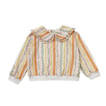 The Buttercup Blossom Sweater Long Sleeve Striped Ruffle Collar Sweater by Mabel and Honey features a ruffled Peter Pan collar and long sleeves, with vertical stripes in orange, green, yellow, and pink floral patterns. The white cuffs and hem add a delicate finishing touch to this charming piece.