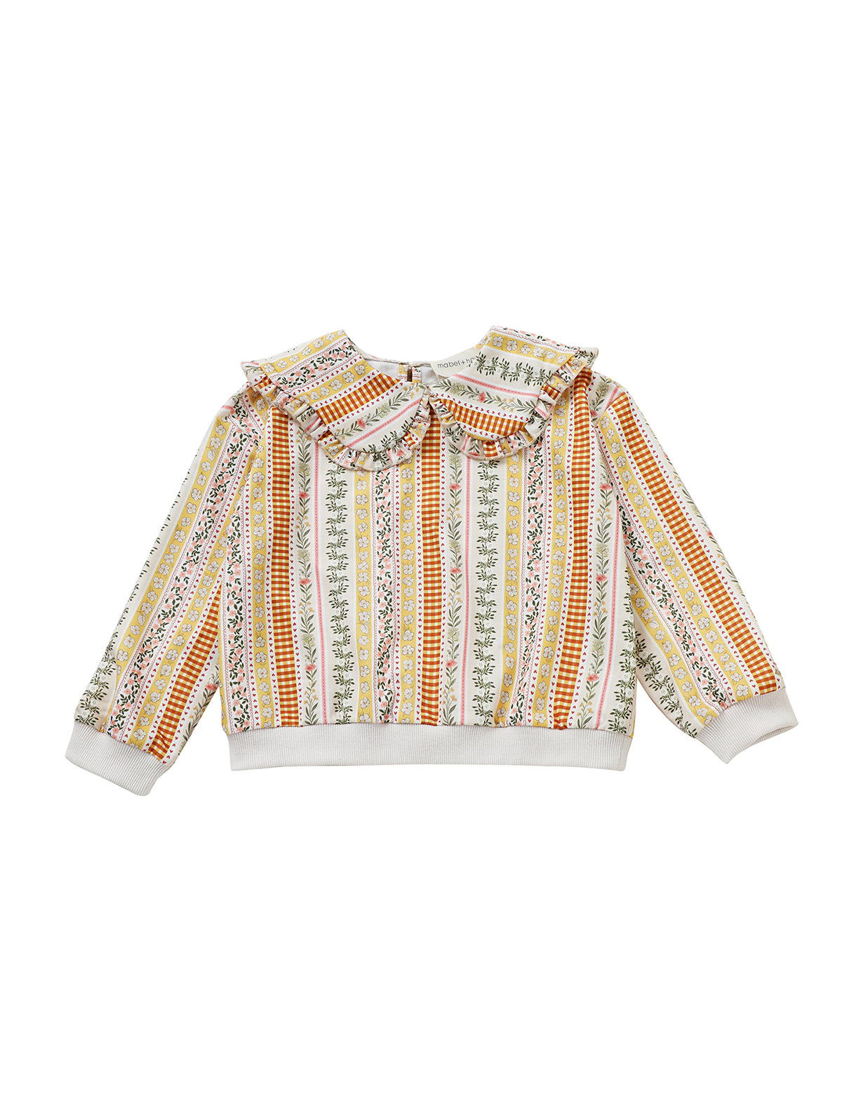 The Buttercup Blossom Long Sleeve Striped Floral Ruffle Collar Sweater by Mabel and Honey features a charming ruffled Peter Pan collar and long sleeves, adorned with vertical floral and checkered stripes in green, orange, yellow, and pink. Made from a soft cotton blend, this sweater has white cuffs, collar, and hem for a classic finish.
