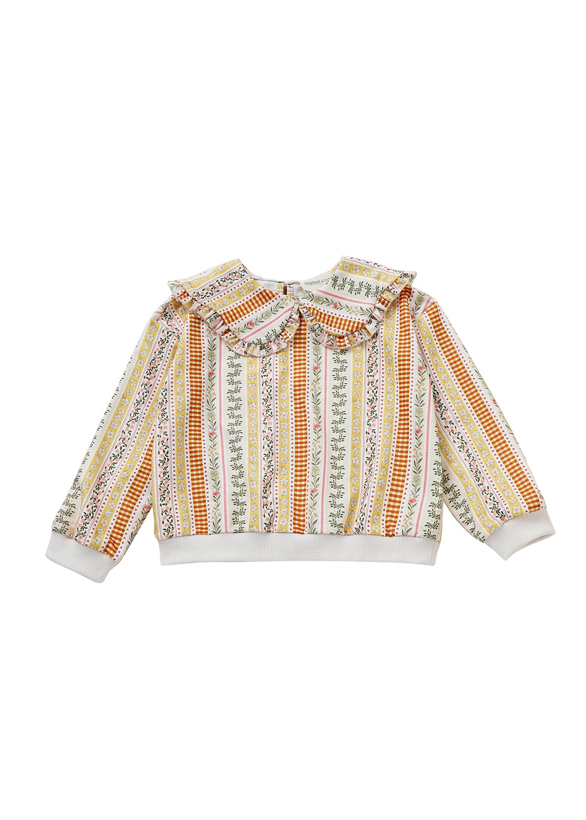 The Buttercup Blossom Sweater Long Sleeve Striped Ruffle Collar Sweater by Mabel and Honey features a ruffled Peter Pan collar and long sleeves, with vertical stripes in orange, green, yellow, and pink floral patterns. The white cuffs and hem add a delicate finishing touch to this charming piece.