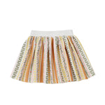 The Buttercup Blossom Striped Floral Pleated Elastic Waist Skirt by Mabel and Honey features a white elastic waistband and showcases vibrant vertical stripes in yellow, orange, red, and green overlaid with delicate floral and geometric patterns on a crisp white background—an essential addition to girls’ fall wardrobes.