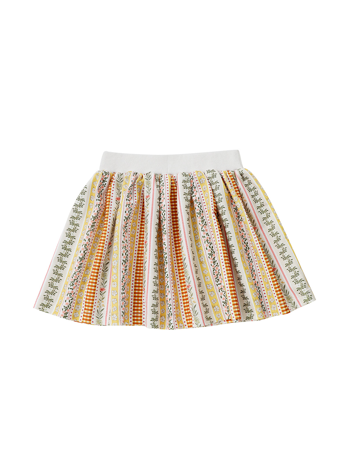 The Buttercup Blossom Striped Floral Pleated Elastic Waist Skirt by Mabel and Honey features a white elastic waistband and showcases vibrant vertical stripes in yellow, orange, red, and green overlaid with delicate floral and geometric patterns on a crisp white background—an essential addition to girls’ fall wardrobes.