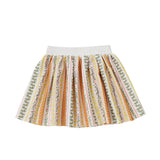 The Buttercup Blossom Striped Floral Pleated Elastic Waist Skirt by Mabel and Honey features a white elastic waistband and showcases vibrant vertical stripes in yellow, orange, red, and green overlaid with delicate floral and geometric patterns on a crisp white background—an essential addition to girls’ fall wardrobes.