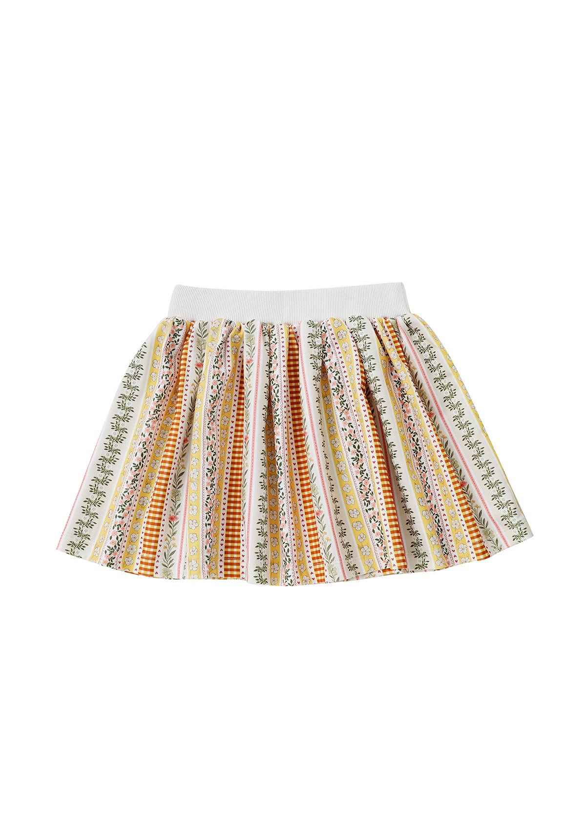 The Buttercup Blossom Striped Floral Pleated Elastic Waist Skirt by Mabel and Honey features a white elastic waistband and showcases vibrant vertical stripes in yellow, orange, red, and green overlaid with delicate floral and geometric patterns on a crisp white background—an essential addition to girls’ fall wardrobes.