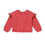 Here’s a revised version of your sentence using the given product data: The Mabel and Honey Red Rosie Sweater Long Sleeve Solid Ruffle Trim Relaxed Fit Sweater is a rose pink, long-sleeved knit for kids featuring ruffled shoulder details, ribbed cuffs, and a crew neckline. Inspired by our Red Rosie Sweater collection, this cozy sweater has a relaxed fit and comes without any visible logos or patterns.
