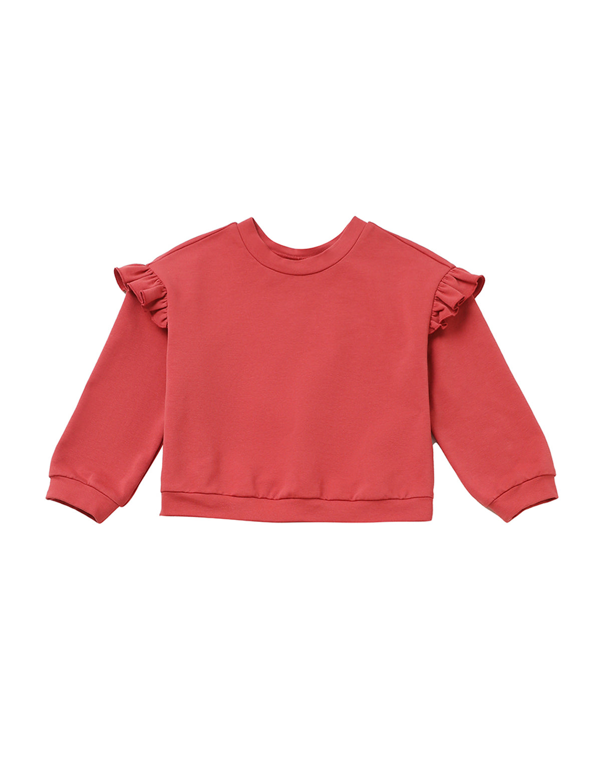 Here’s a revised version of your sentence using the given product data: The Mabel and Honey Red Rosie Sweater Long Sleeve Solid Ruffle Trim Relaxed Fit Sweater is a rose pink, long-sleeved knit for kids featuring ruffled shoulder details, ribbed cuffs, and a crew neckline. Inspired by our Red Rosie Sweater collection, this cozy sweater has a relaxed fit and comes without any visible logos or patterns.