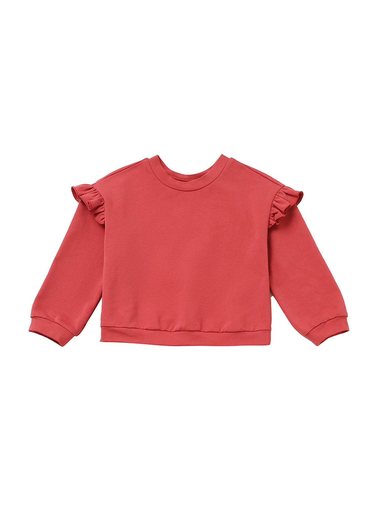 Here’s a revised version of your sentence using the given product data: The Mabel and Honey Red Rosie Sweater Long Sleeve Solid Ruffle Trim Relaxed Fit Sweater is a rose pink, long-sleeved knit for kids featuring ruffled shoulder details, ribbed cuffs, and a crew neckline. Inspired by our Red Rosie Sweater collection, this cozy sweater has a relaxed fit and comes without any visible logos or patterns.