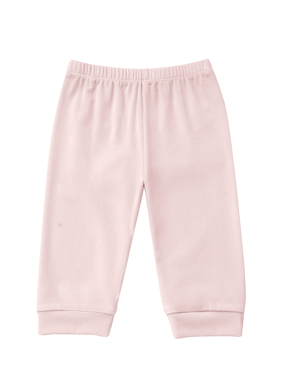 Mabel and Honey Whimsical Wildflower Joggers in blush pink, featuring a ribbed elastic waistband and cuffed ankles, are laid flat on a white background.