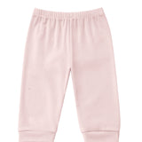 Mabel and Honey Whimsical Wildflower Joggers in blush pink, featuring a ribbed elastic waistband and cuffed ankles, are laid flat on a white background.