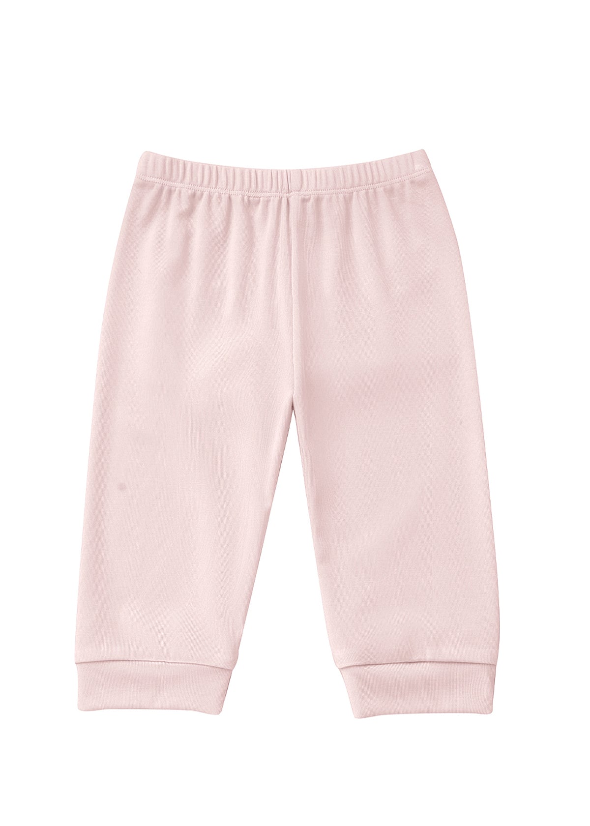 Mabel and Honey Whimsical Wildflower Joggers in blush pink, featuring a ribbed elastic waistband and cuffed ankles, are laid flat on a white background.