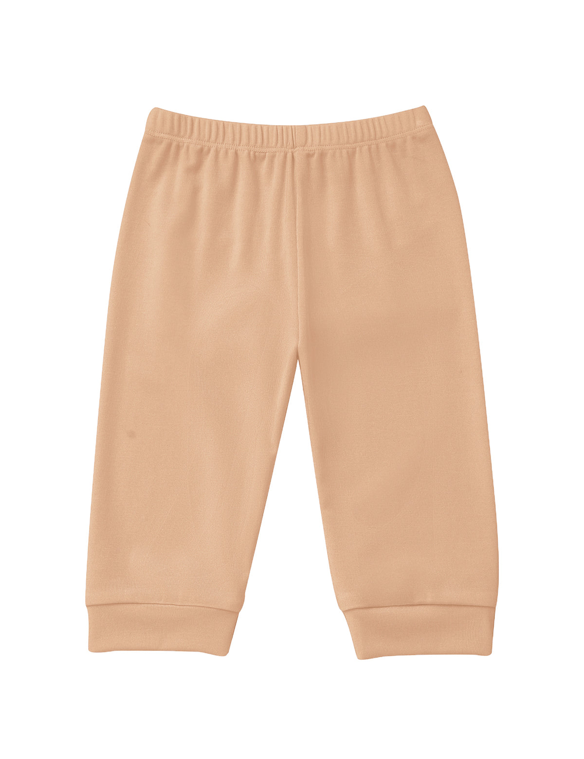 Mabel and Honey Honey Petals Joggers Solid Elastic Waist Ribbed Cuff Jogger Leg Joggers, crafted from soft tencel knit in beige, featuring an elastic waistband and ribbed cuffs, shown flat on a white background.