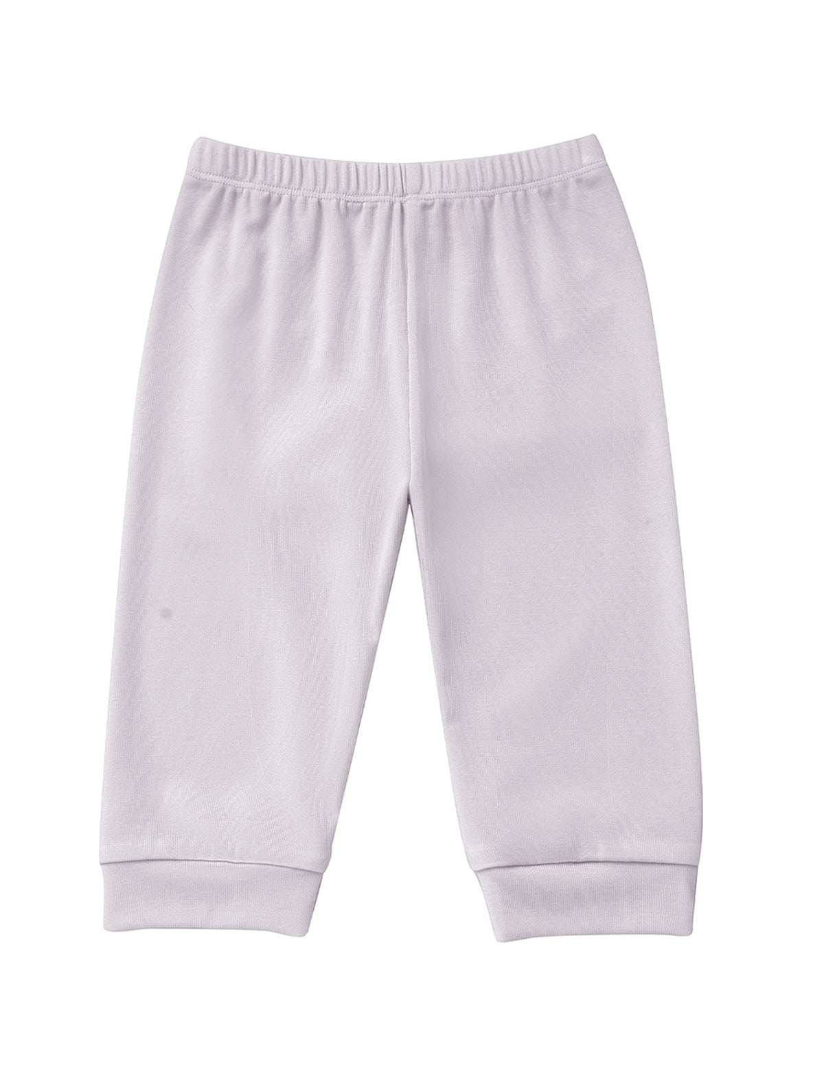 The Soft Meadow Solid Ribbed Cuff Joggers by Mabel and Honey are light gray baby or toddler pants made from a soft cotton blend, featuring an elastic waistband and ribbed ankle cuffs, laid flat on a white background.