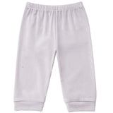 The Soft Meadow Solid Ribbed Cuff Joggers by Mabel and Honey are light gray baby or toddler pants made from a soft cotton blend, featuring an elastic waistband and ribbed ankle cuffs, laid flat on a white background.