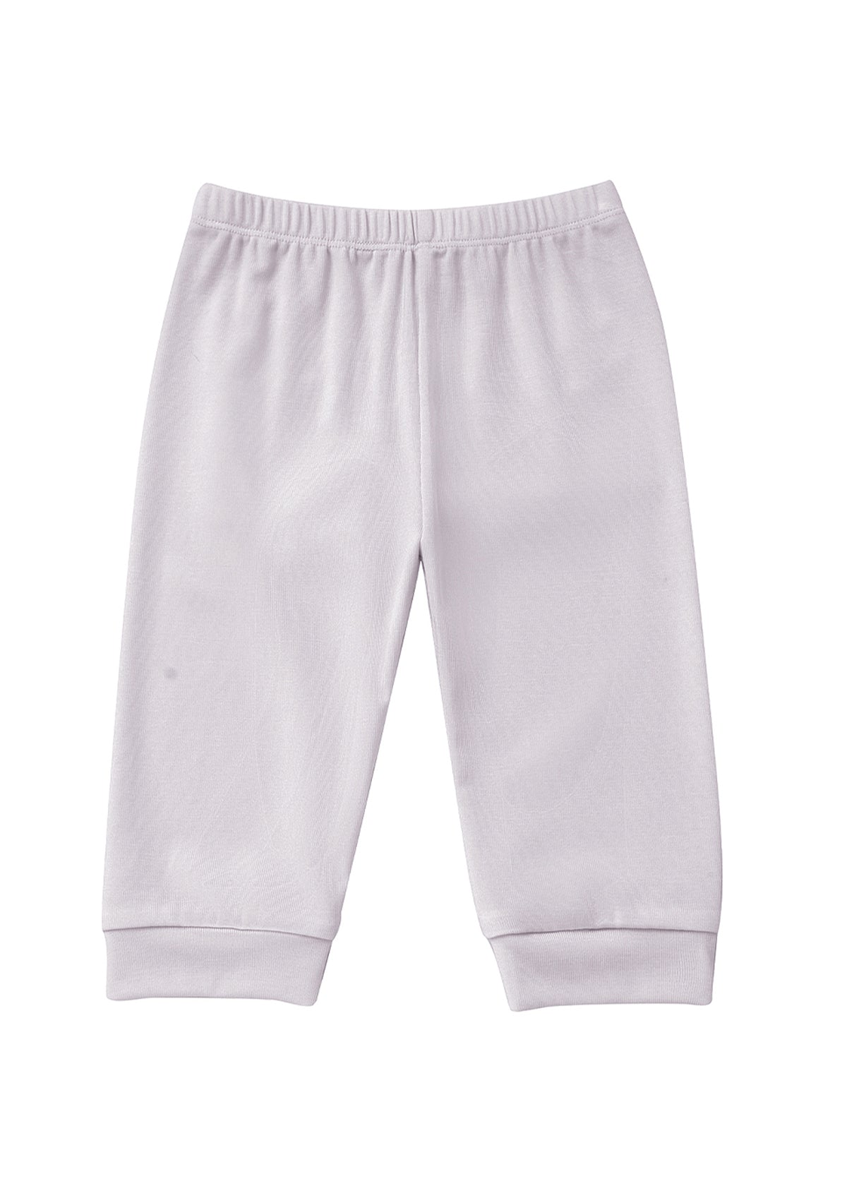 The Soft Meadow Solid Ribbed Cuff Joggers by Mabel and Honey are light gray baby or toddler pants made from a soft cotton blend, featuring an elastic waistband and ribbed ankle cuffs, laid flat on a white background.