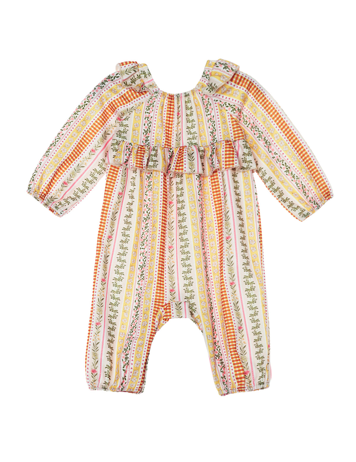 Buttercup Blossom Long Sleeve Striped Floral Ruffle Collar Bubble Romper